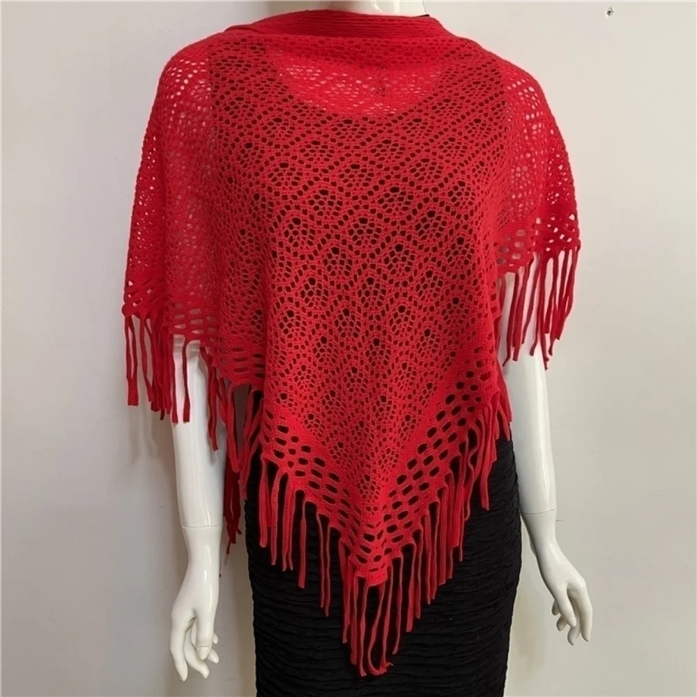 Artificial Wool Tassel Shawl In Red